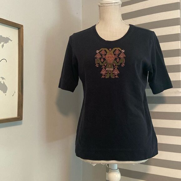 Peruvian Connection Black Embroidered Patterned Short Sleeve Blouse Size Medium - Picture 1 of 6